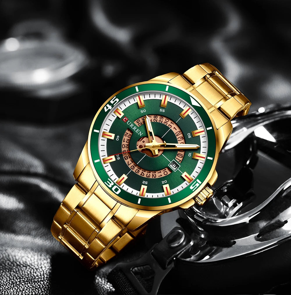Curren 8359 Squire | Green Face | Gold Trim Steel Bracelet