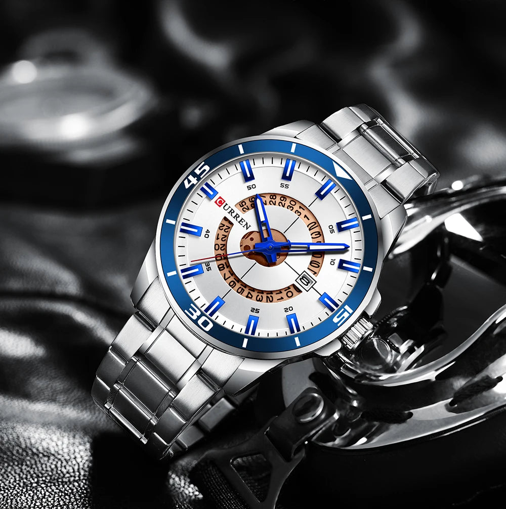 Curren 8359 Squire | Silver with White Black Trim | Stainless Steel Bracelet
