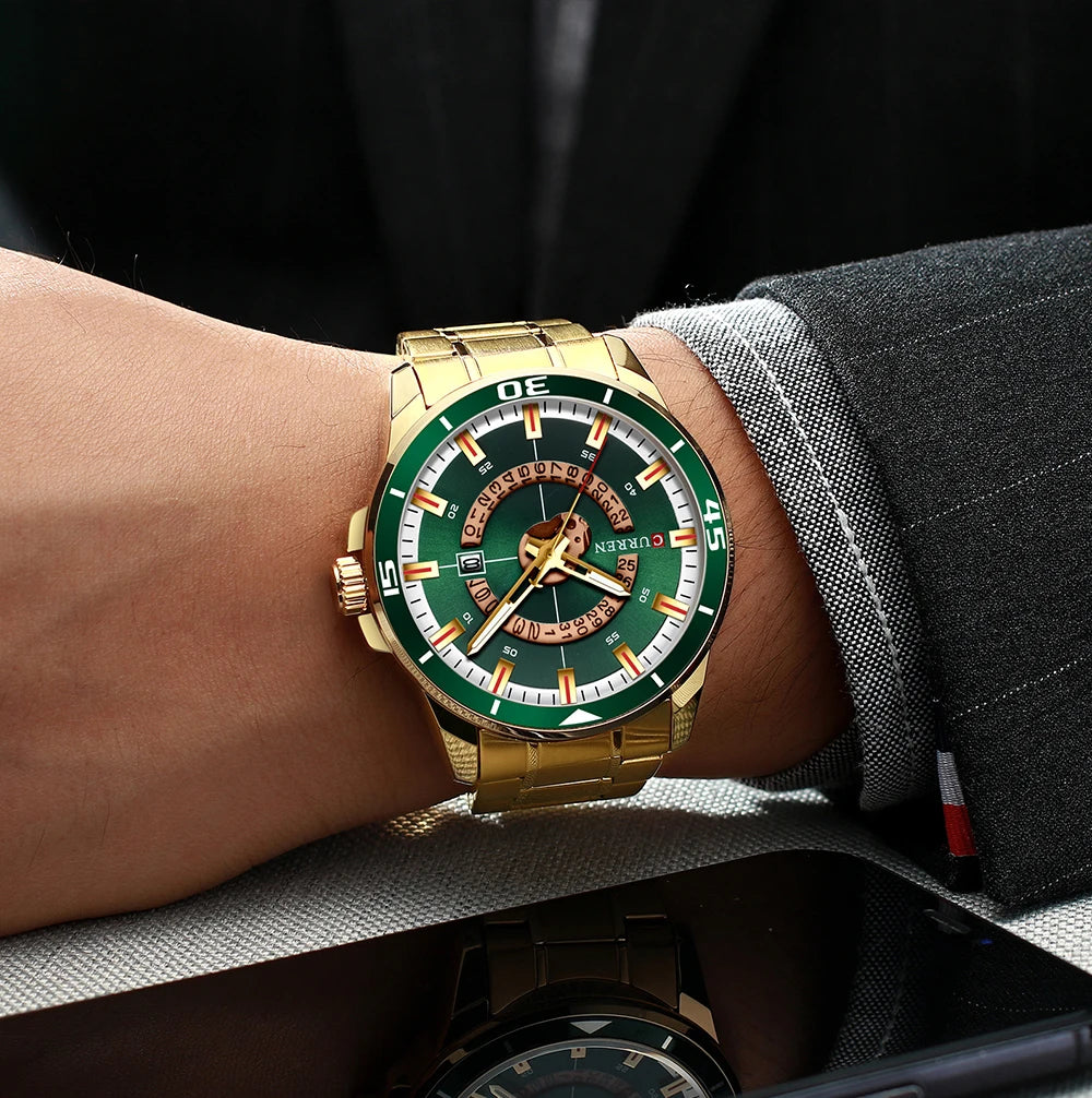 Curren 8359 Squire | Green Face | Gold Trim Steel Bracelet