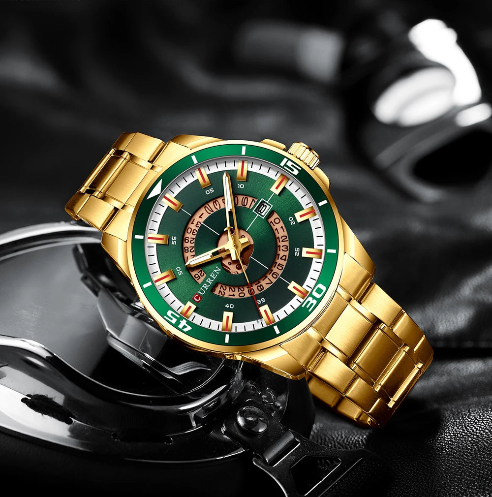 Curren 8359 Squire | Green Face | Gold Trim Steel Bracelet