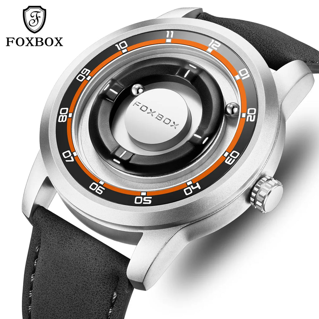 FOXBOX FB0047 Magnetic | Hardlex Steel | Gold Black Face - White Trim & Leather Strap