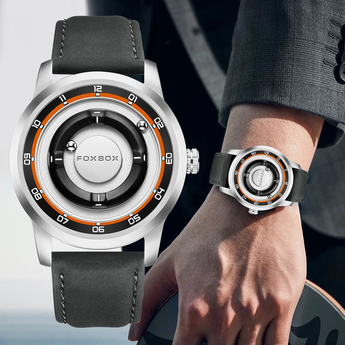 FOXBOX FB0047 Magnetic | Hardlex Steel | Gold Black Face - Dark Trim & Leather Strap