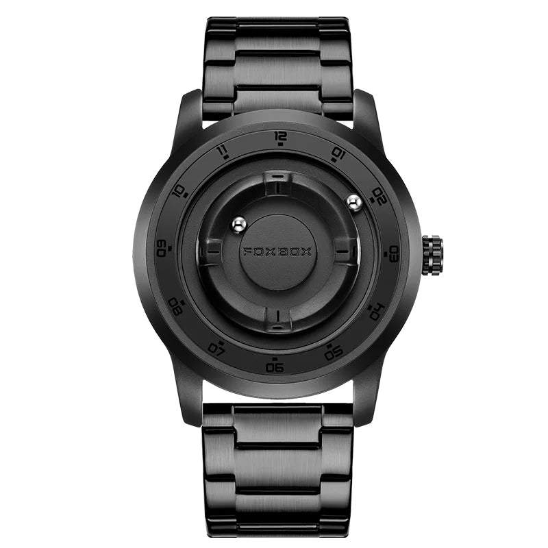 FOXBOX FB0047 Magnetic | Hardlex Steel | Jet Black Face - Dark Trim & Black Steel Bracelet