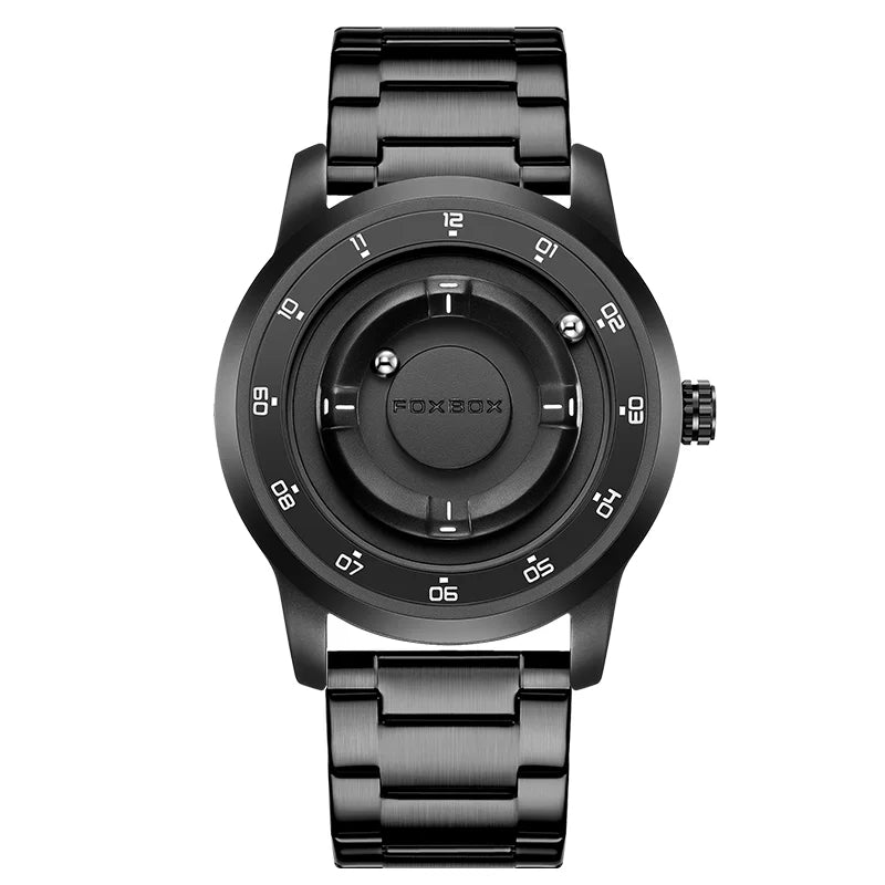 FOXBOX FB0047 Magnetic | Hardlex Steel | Jet Black Face - White Trim & Black Steel Bracelet