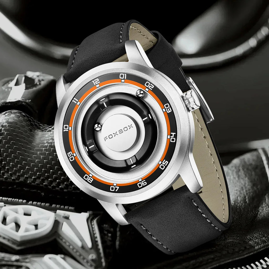 FOXBOX FB0047 Magnetic | Hardlex Steel | Gold Black Face - White Trim & Leather Strap