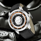 FOXBOX FB0047 Magnetic | Hardlex Steel | Gold Black Face - Orange Trim & Leather Strap