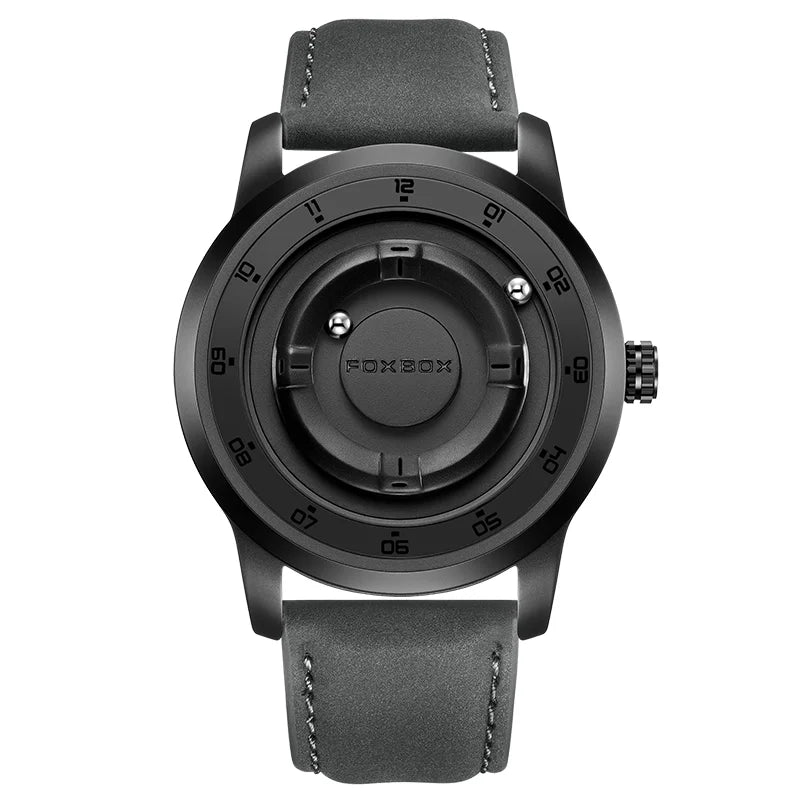 FOXBOX FB0047 Magnetic | Hardlex Steel | Gold Black Face - Dark Trim & Leather Strap
