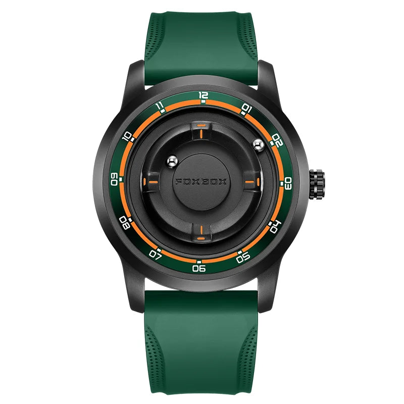 FOXBOX FB0047 Magnetic | Hardlex Steel | Black Face - Orange Trim & Green Silicone Strap