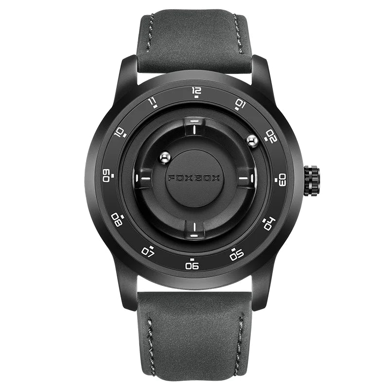 FOXBOX FB0047 Magnetic | Hardlex Steel | Jet Black Face - White Trim & Leather Strap