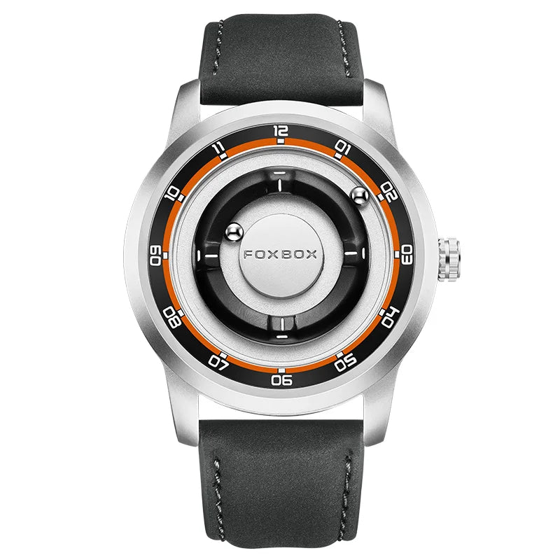 FOXBOX FB0047 Magnetic | Hardlex Steel | Silver Face & Black Leather Strap