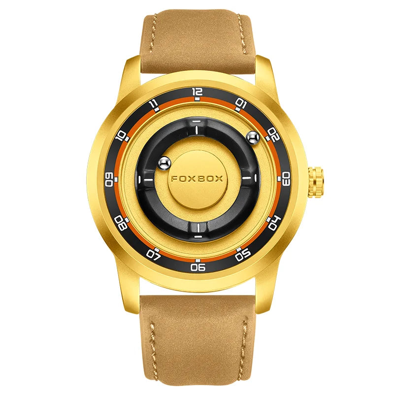 FOXBOX FB0047 Magnetic | Hardlex Steel | Gold Black Face - Orange Trim & Leather Strap
