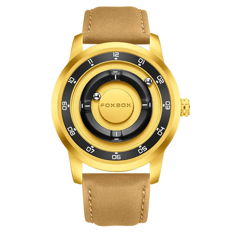 FOXBOX FB0047 Magnetic | Hardlex Steel | Gold Black Face - White Trim & Leather Strap