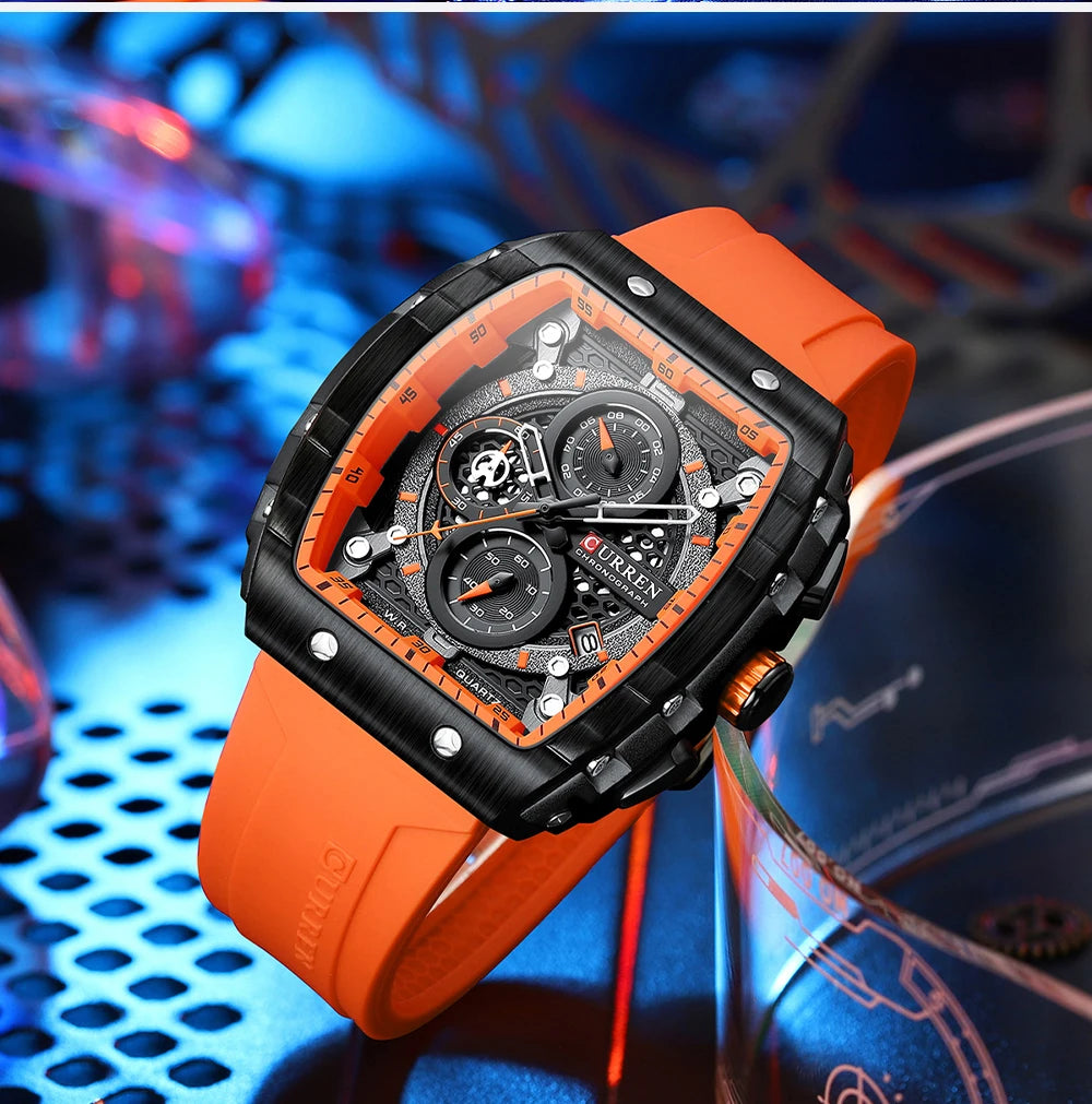 Curren 8442 Pro | Black Face | Orange Trim & Silicone Strap