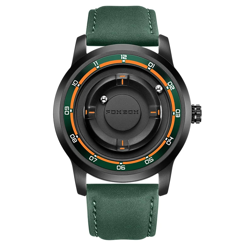 FOXBOX FB0047 Magnetic | Hardlex Steel | Black Face & Green Leather Strap